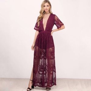 Honey Punch Burgundy Lace Maxi Romper Dress